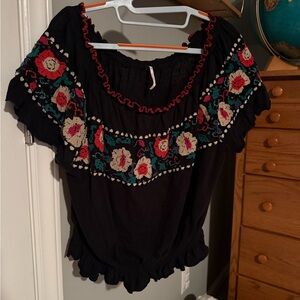 Free People Black Top with Colorful Floral Embroidery